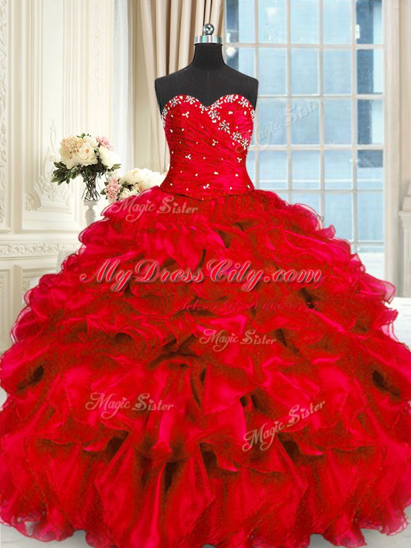 Modest Sleeveless Lace Up Floor Length Beading and Ruffles Quinceanera Dress