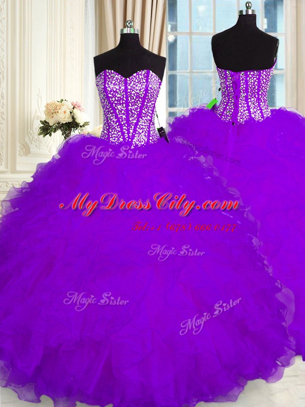 Purple Organza Lace Up Quinceanera Dress Sleeveless Floor Length Beading and Ruffles