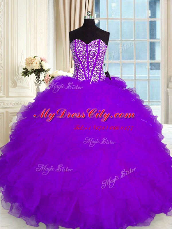 Purple Organza Lace Up Quinceanera Dress Sleeveless Floor Length Beading and Ruffles