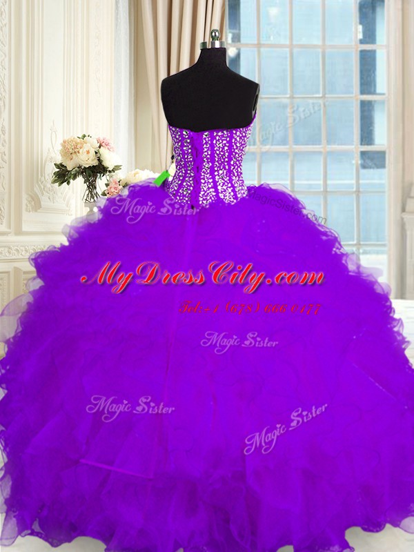 Purple Organza Lace Up Quinceanera Dress Sleeveless Floor Length Beading and Ruffles