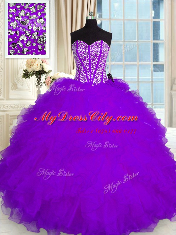 Purple Organza Lace Up Quinceanera Dress Sleeveless Floor Length Beading and Ruffles