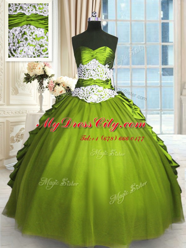 Stunning Olive Green Sweetheart Neckline Beading and Lace and Appliques and Ruching Quinceanera Dress Sleeveless Lace Up