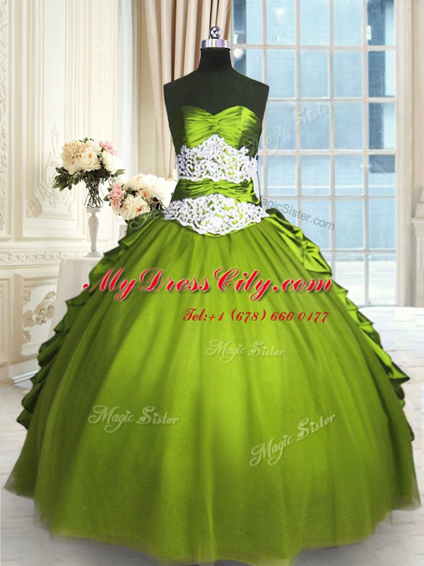 Stunning Olive Green Sweetheart Neckline Beading and Lace and Appliques and Ruching Quinceanera Dress Sleeveless Lace Up