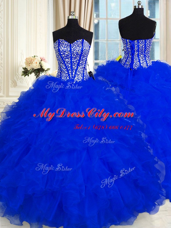 Royal Blue Organza Lace Up Sweetheart Sleeveless Floor Length Sweet 16 Dress Beading and Ruffles