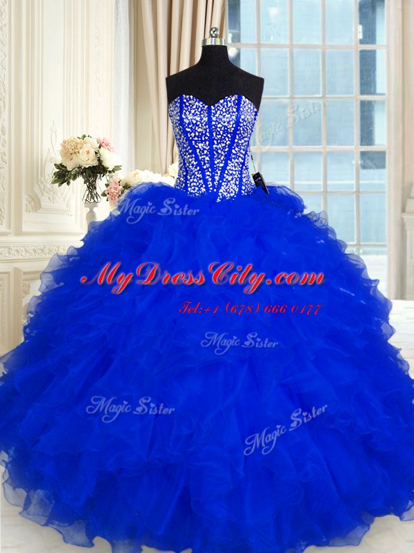 Royal Blue Organza Lace Up Sweetheart Sleeveless Floor Length Sweet 16 Dress Beading and Ruffles