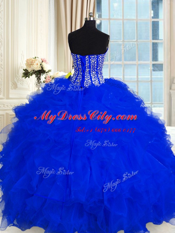 Royal Blue Organza Lace Up Sweetheart Sleeveless Floor Length Sweet 16 Dress Beading and Ruffles