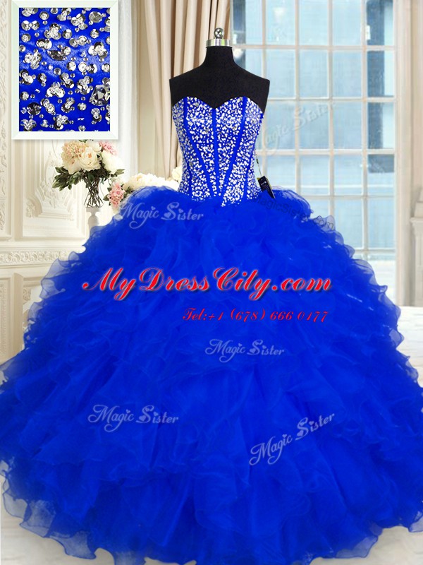 Royal Blue Organza Lace Up Sweetheart Sleeveless Floor Length Sweet 16 Dress Beading and Ruffles