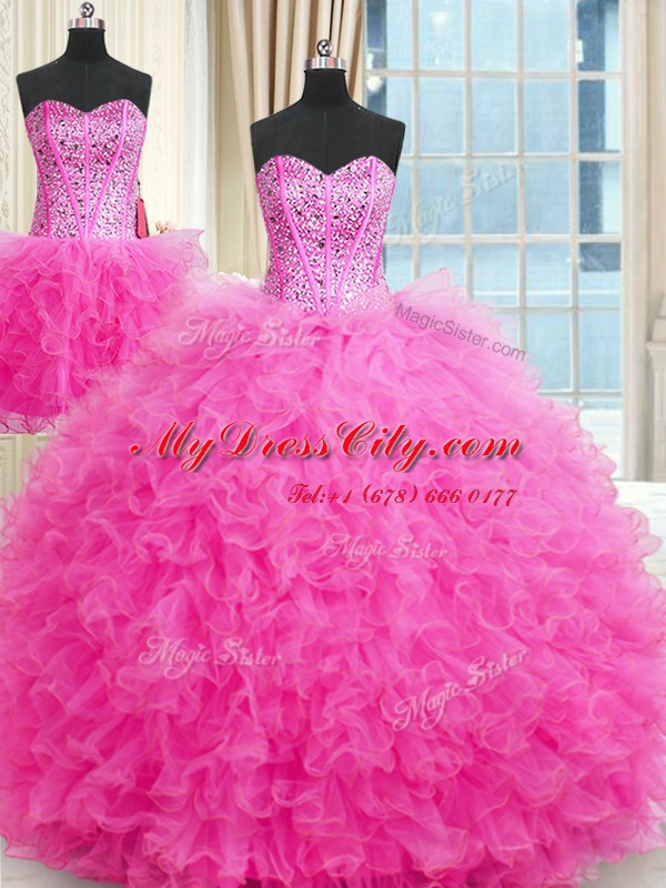 Delicate Three Piece Floor Length Ball Gowns Sleeveless Rose Pink Sweet 16 Quinceanera Dress Lace Up