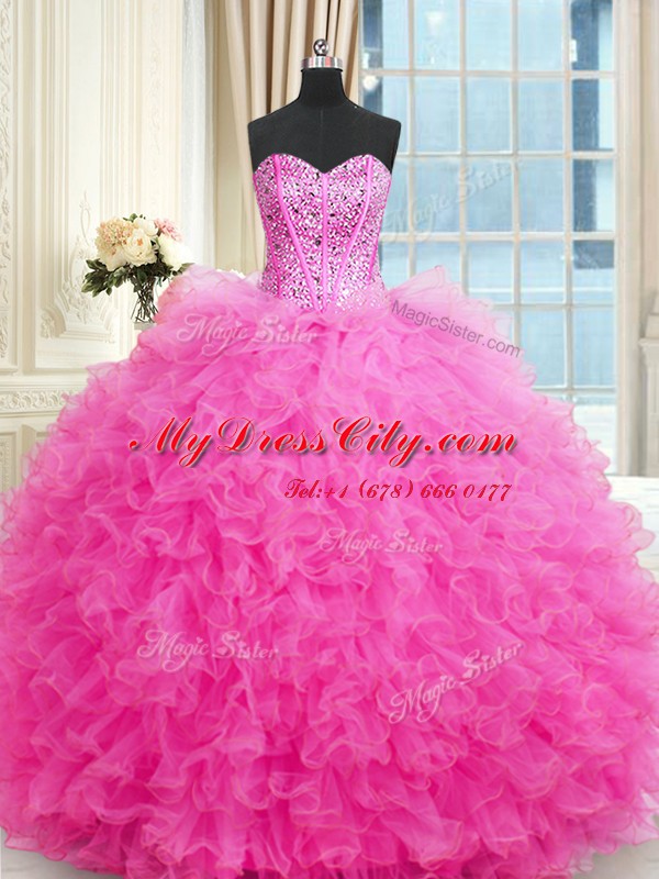 Delicate Three Piece Floor Length Ball Gowns Sleeveless Rose Pink Sweet 16 Quinceanera Dress Lace Up