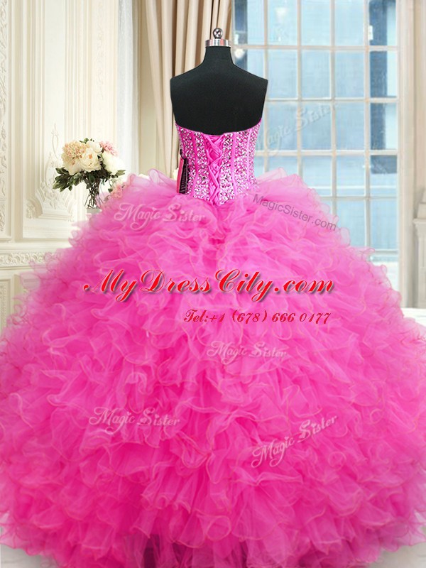 Delicate Three Piece Floor Length Ball Gowns Sleeveless Rose Pink Sweet 16 Quinceanera Dress Lace Up