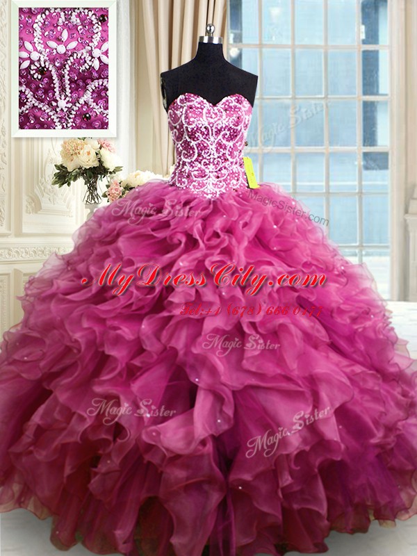 Floor Length Fuchsia Quinceanera Dresses Sweetheart Sleeveless Lace Up