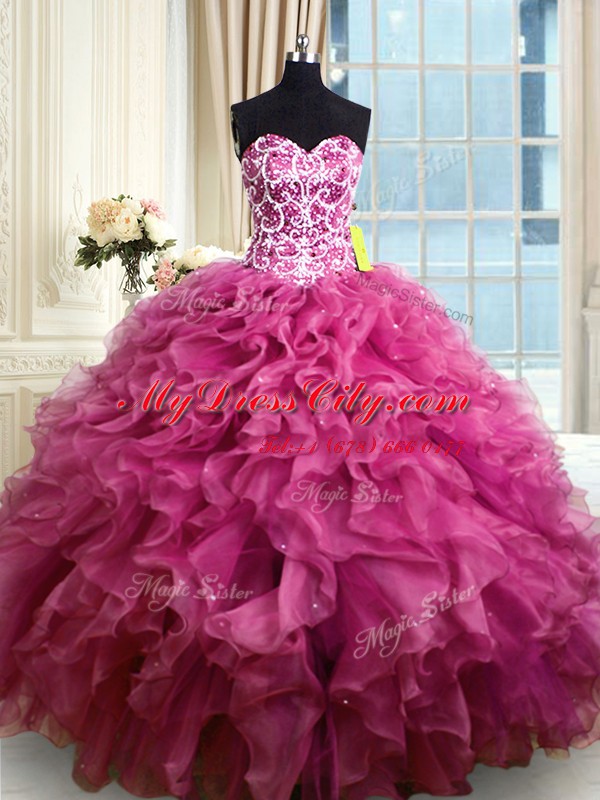 Floor Length Fuchsia Quinceanera Dresses Sweetheart Sleeveless Lace Up