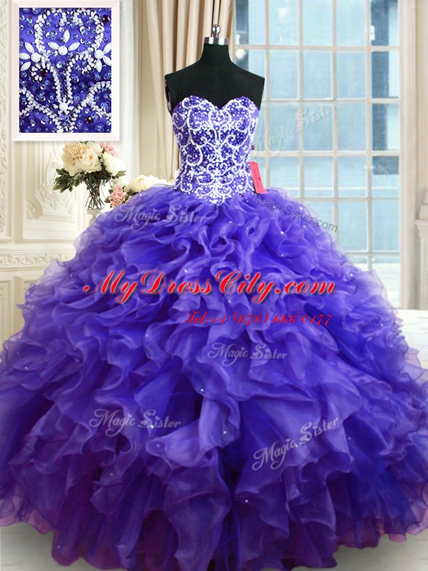 Custom Fit Purple Sleeveless Floor Length Beading and Ruffles Lace Up Ball Gown Prom Dress