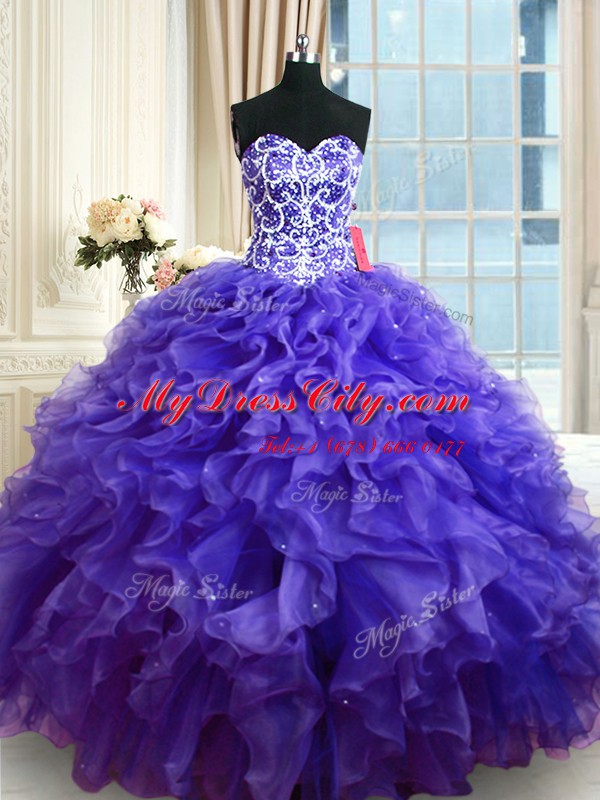 Custom Fit Purple Sleeveless Floor Length Beading and Ruffles Lace Up Ball Gown Prom Dress