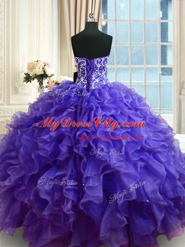 Custom Fit Purple Sleeveless Floor Length Beading and Ruffles Lace Up Ball Gown Prom Dress