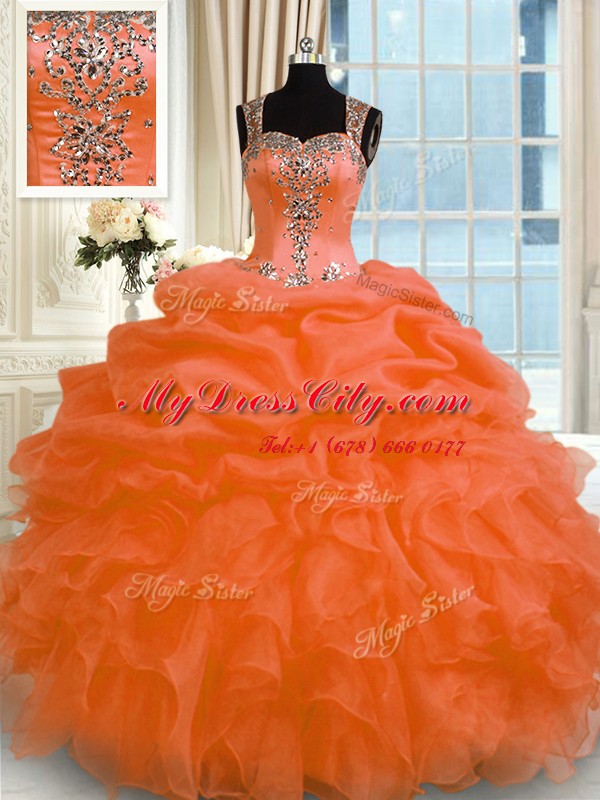 Ball Gowns Sweet 16 Quinceanera Dress Orange Red Straps Organza Sleeveless Floor Length Zipper