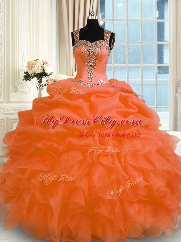 Ball Gowns Sweet 16 Quinceanera Dress Orange Red Straps Organza Sleeveless Floor Length Zipper