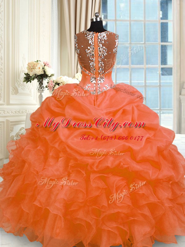 Ball Gowns Sweet 16 Quinceanera Dress Orange Red Straps Organza Sleeveless Floor Length Zipper