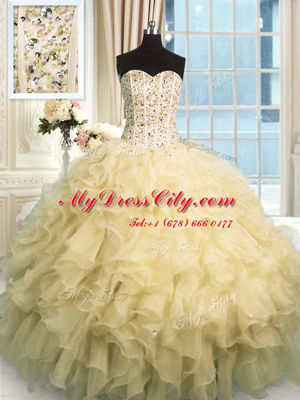 Clearance Champagne Sleeveless Beading and Ruffles Floor Length Sweet 16 Dresses