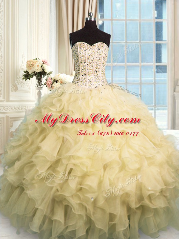 Clearance Champagne Sleeveless Beading and Ruffles Floor Length Sweet 16 Dresses