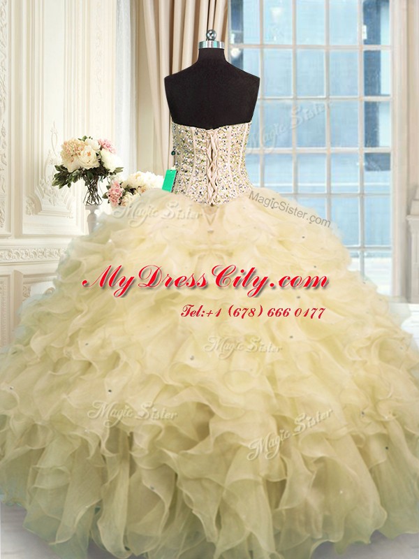 Clearance Champagne Sleeveless Beading and Ruffles Floor Length Sweet 16 Dresses