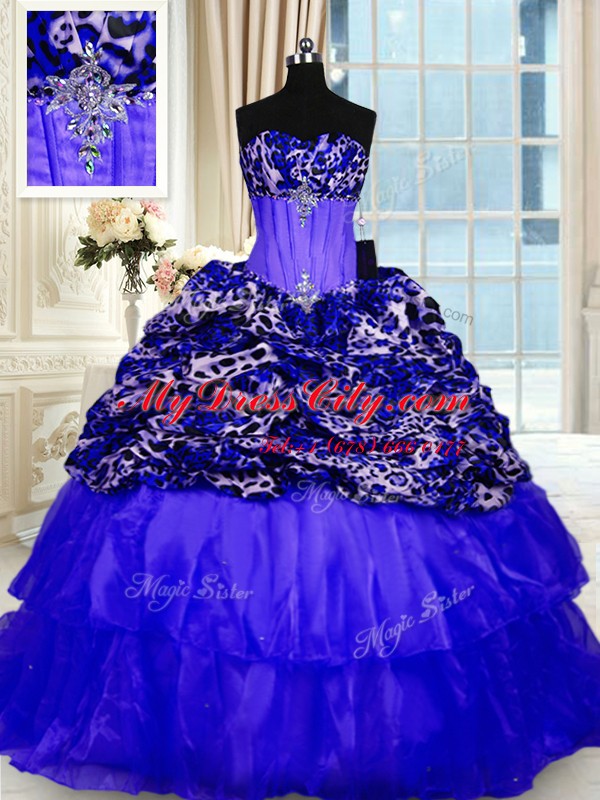 Super Printed Beading and Ruffled Layers and Sequins Sweet 16 Quinceanera Dress Royal Blue Lace Up Sleeveless Sweep Train