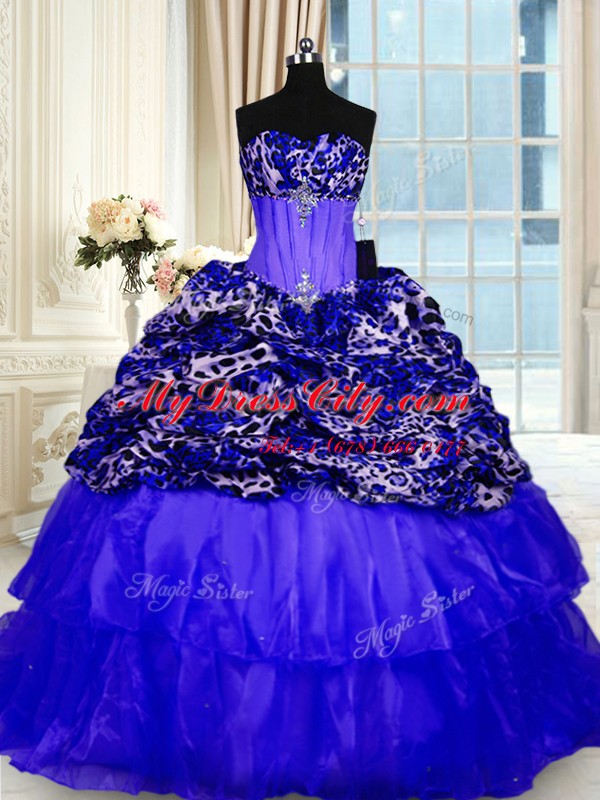 Super Printed Beading and Ruffled Layers and Sequins Sweet 16 Quinceanera Dress Royal Blue Lace Up Sleeveless Sweep Train