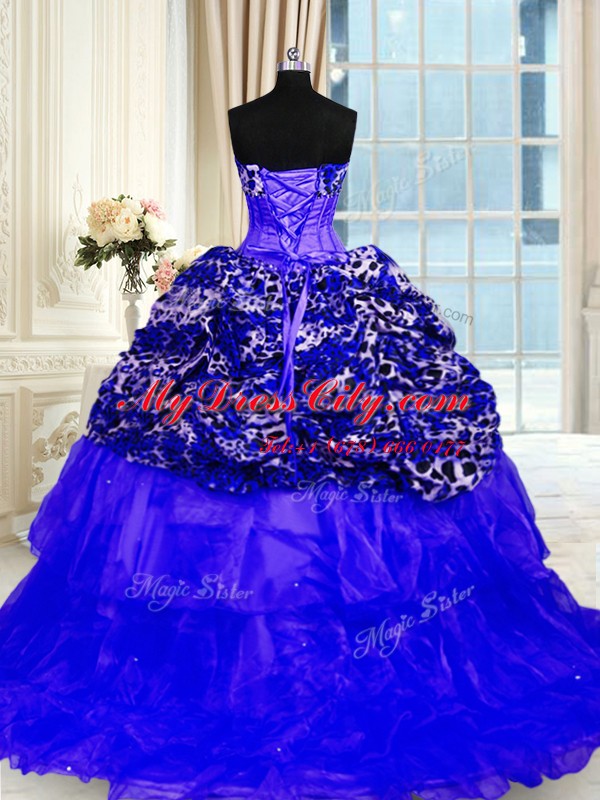 Super Printed Beading and Ruffled Layers and Sequins Sweet 16 Quinceanera Dress Royal Blue Lace Up Sleeveless Sweep Train