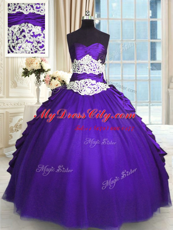 Popular Sleeveless Floor Length Beading and Lace and Appliques and Ruching and Pick Ups Lace Up Quinceanera Dress with Purple