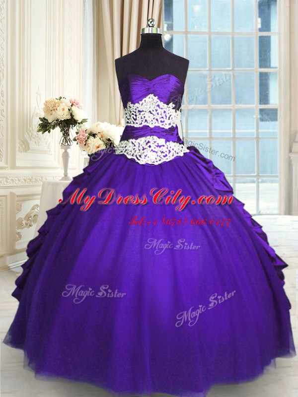 Popular Sleeveless Floor Length Beading and Lace and Appliques and Ruching and Pick Ups Lace Up Quinceanera Dress with Purple