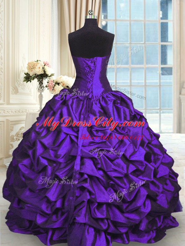 Popular Sleeveless Floor Length Beading and Lace and Appliques and Ruching and Pick Ups Lace Up Quinceanera Dress with Purple