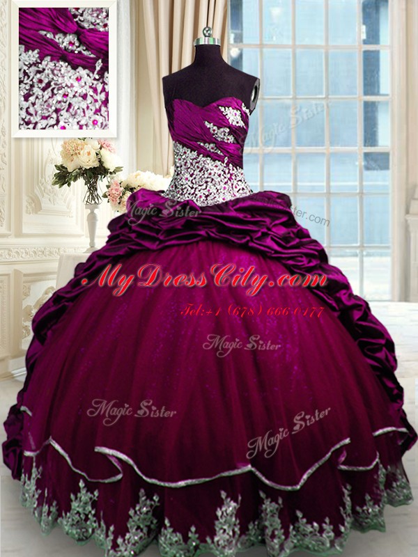 Spectacular Sweetheart Sleeveless Quinceanera Gowns Brush Train Beading and Appliques and Pick Ups Fuchsia Taffeta