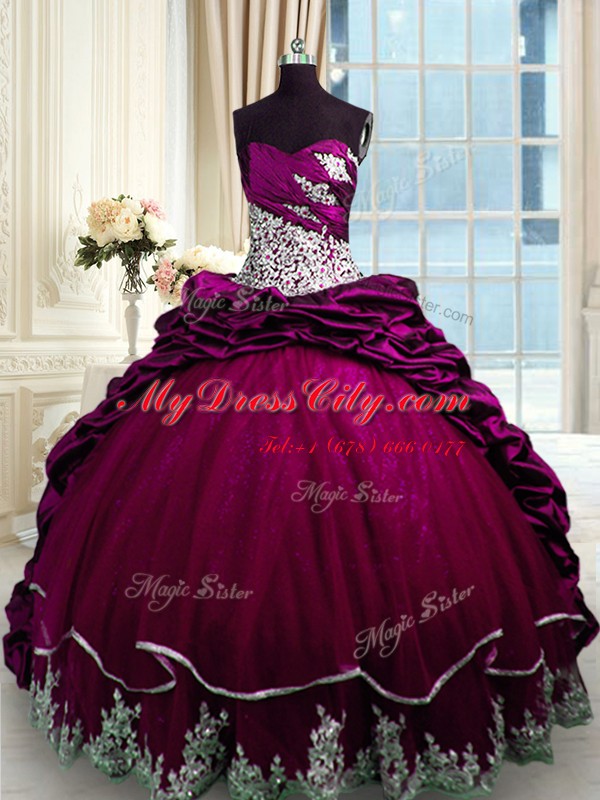 Spectacular Sweetheart Sleeveless Quinceanera Gowns Brush Train Beading and Appliques and Pick Ups Fuchsia Taffeta