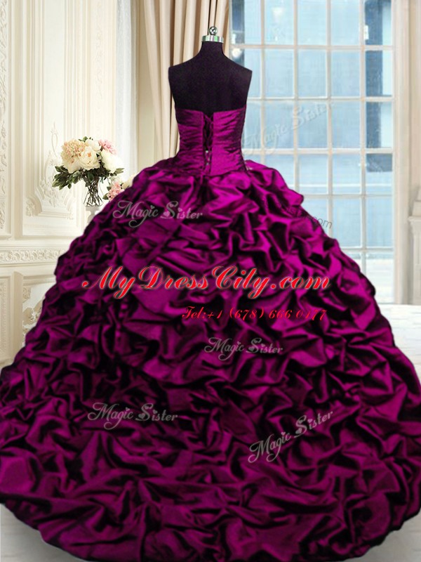 Spectacular Sweetheart Sleeveless Quinceanera Gowns Brush Train Beading and Appliques and Pick Ups Fuchsia Taffeta