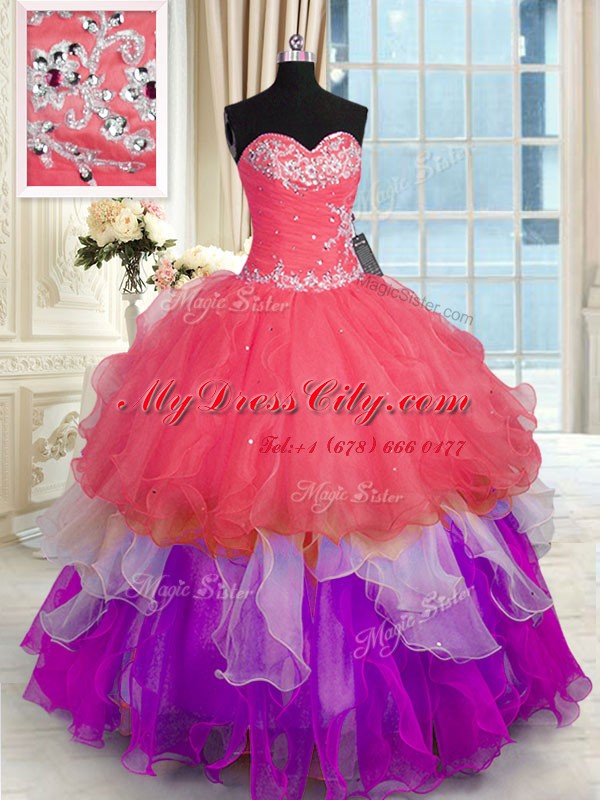 Lovely Sweetheart Sleeveless Organza Quince Ball Gowns Beading and Appliques Lace Up