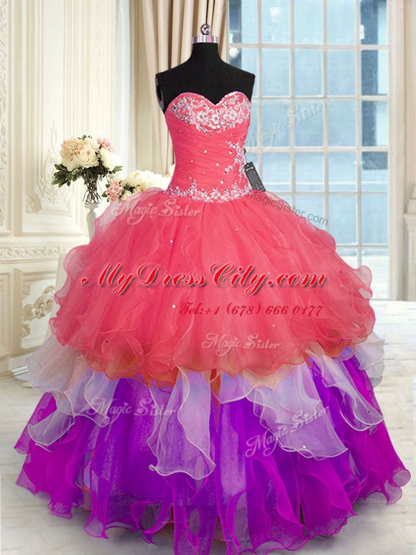 Lovely Sweetheart Sleeveless Organza Quince Ball Gowns Beading and Appliques Lace Up