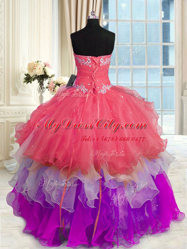 Lovely Sweetheart Sleeveless Organza Quince Ball Gowns Beading and Appliques Lace Up