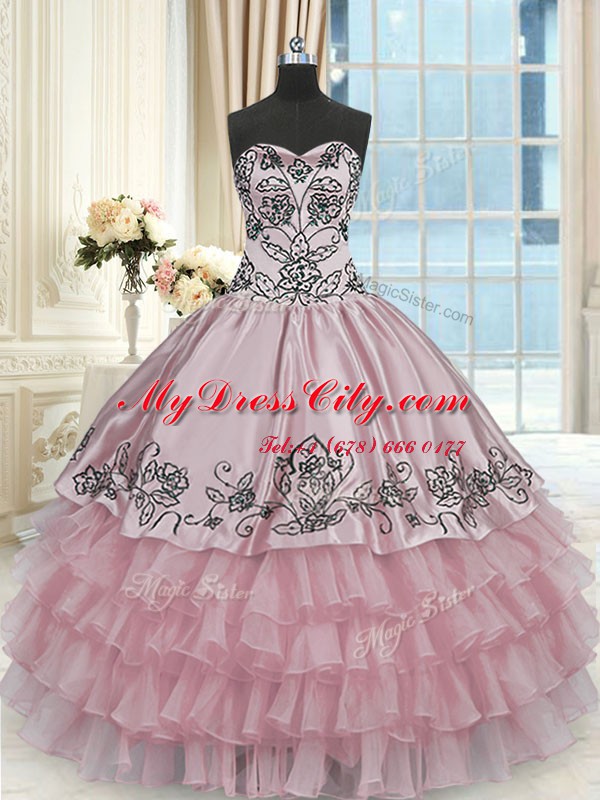 Ruffled Ball Gowns Quinceanera Dress Pink Sweetheart Organza and Taffeta Sleeveless Floor Length Lace Up