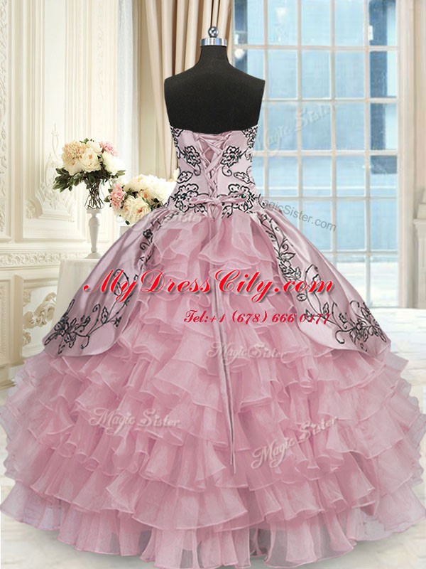 Ruffled Ball Gowns Quinceanera Dress Pink Sweetheart Organza and Taffeta Sleeveless Floor Length Lace Up