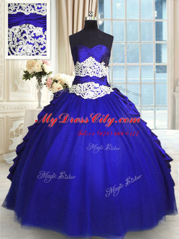 Royal Blue Ball Gowns Sweetheart Sleeveless Taffeta and Tulle Floor Length Lace Up Beading and Lace and Appliques and Ruching and Pick Ups Sweet 16 Quinceanera Dress