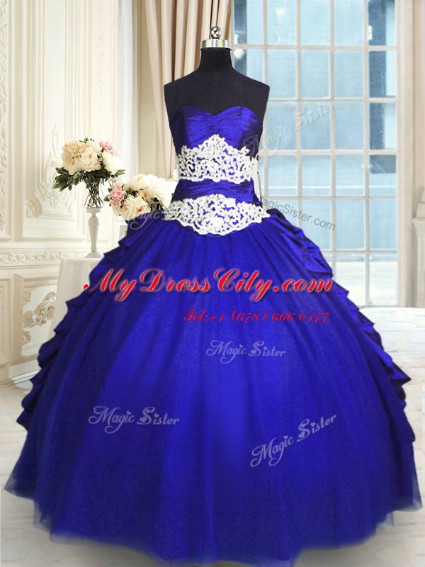 Royal Blue Ball Gowns Sweetheart Sleeveless Taffeta and Tulle Floor Length Lace Up Beading and Lace and Appliques and Ruching and Pick Ups Sweet 16 Quinceanera Dress