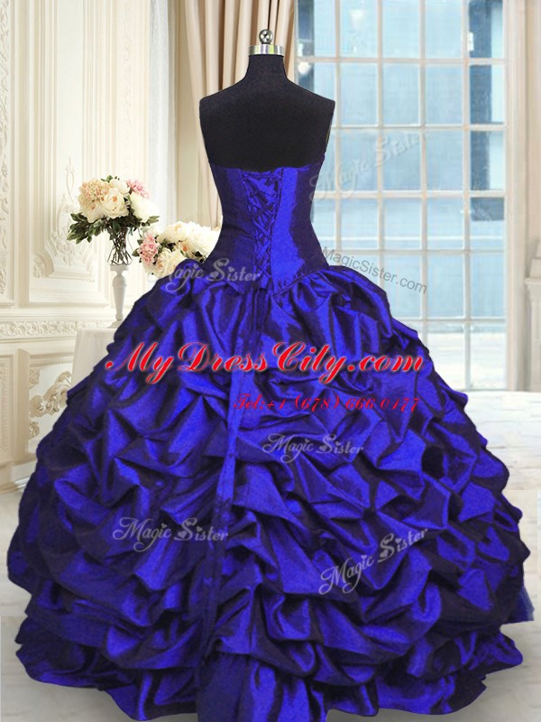 Royal Blue Ball Gowns Sweetheart Sleeveless Taffeta and Tulle Floor Length Lace Up Beading and Lace and Appliques and Ruching and Pick Ups Sweet 16 Quinceanera Dress