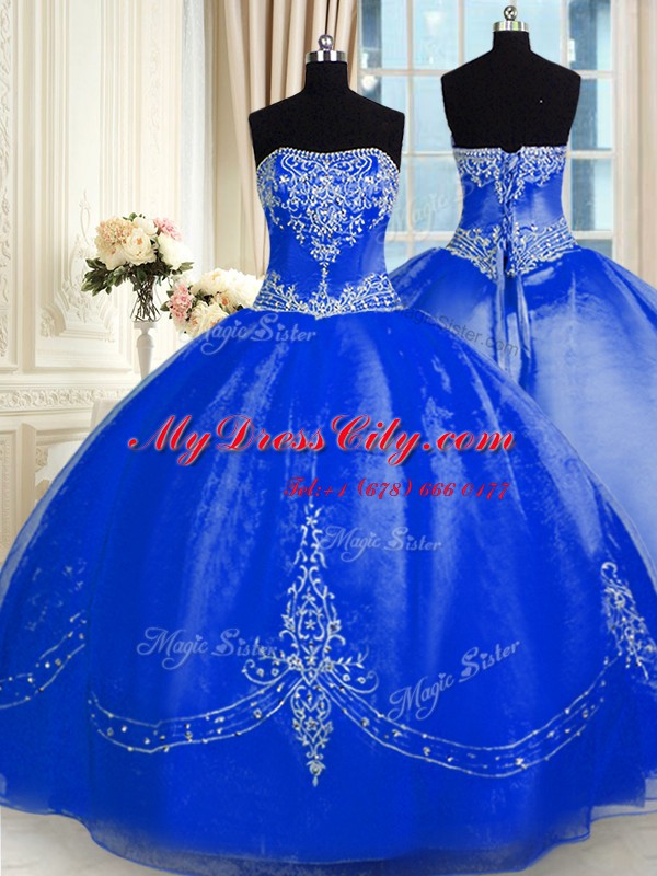 Royal Blue Quince Ball Gowns Military Ball and Sweet 16 and Quinceanera and For with Beading and Embroidery Strapless Sleeveless Lace Up