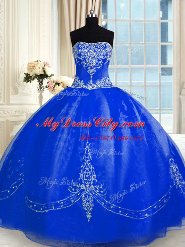 Royal Blue Quince Ball Gowns Military Ball and Sweet 16 and Quinceanera and For with Beading and Embroidery Strapless Sleeveless Lace Up