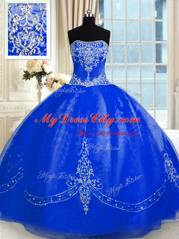 Royal Blue Quince Ball Gowns Military Ball and Sweet 16 and Quinceanera and For with Beading and Embroidery Strapless Sleeveless Lace Up