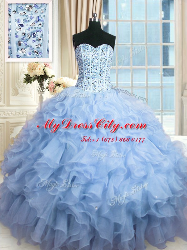 Light Blue Ball Gowns Beading and Ruffles and Sequins 15 Quinceanera Dress Lace Up Organza Sleeveless Floor Length