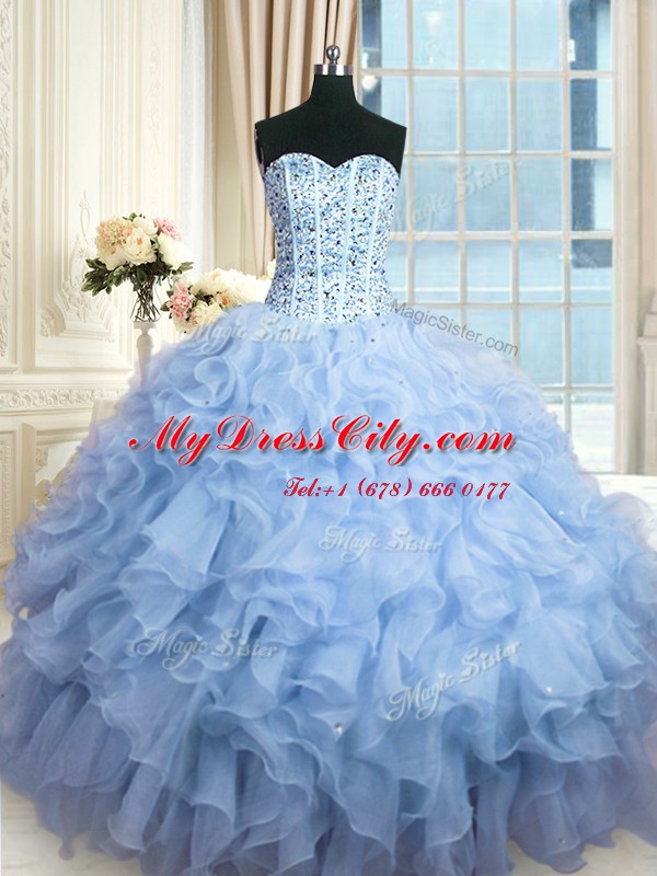 Light Blue Ball Gowns Beading and Ruffles and Sequins 15 Quinceanera Dress Lace Up Organza Sleeveless Floor Length