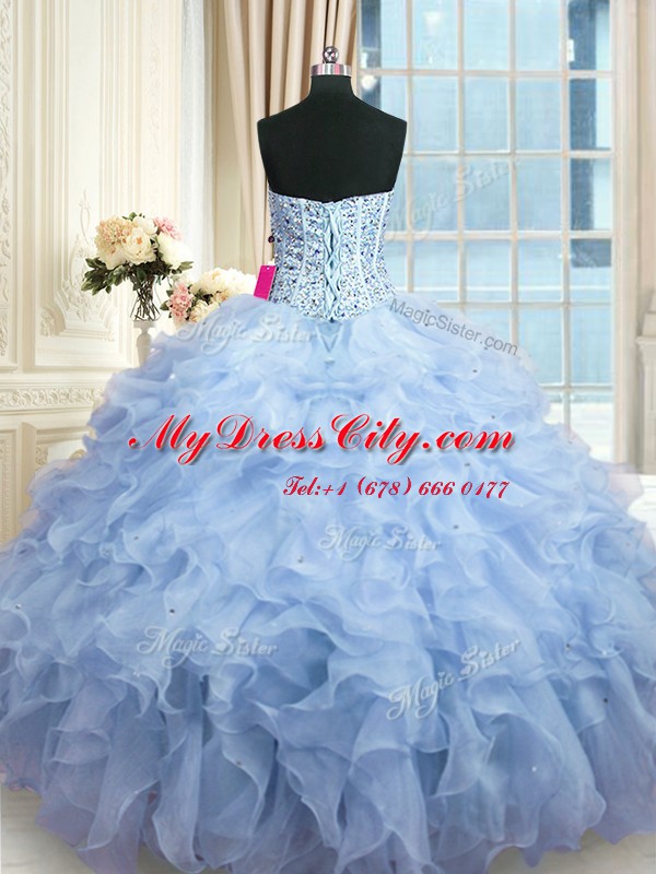 Light Blue Ball Gowns Beading and Ruffles and Sequins 15 Quinceanera Dress Lace Up Organza Sleeveless Floor Length