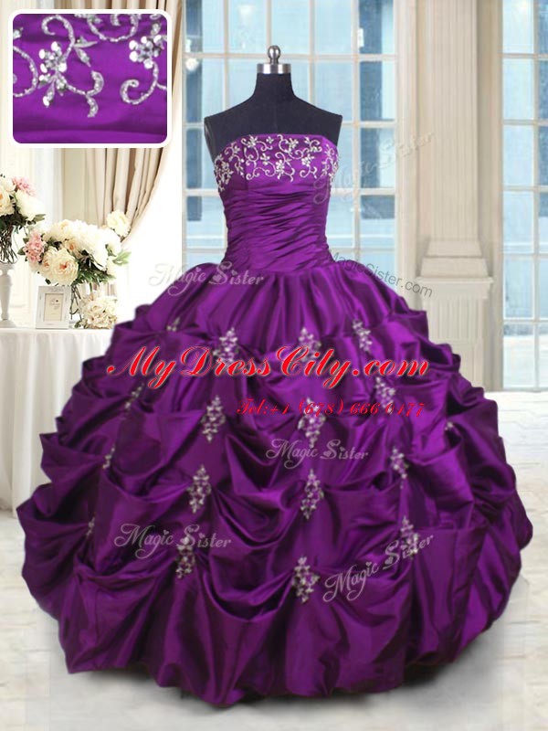 Sweet Floor Length Lace Up Quinceanera Dresses Eggplant Purple for Military Ball and Sweet 16 and Quinceanera with Beading and Appliques and Embroidery and Pick Ups