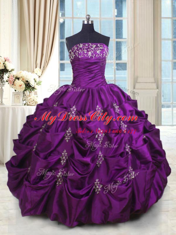 Sweet Floor Length Lace Up Quinceanera Dresses Eggplant Purple for Military Ball and Sweet 16 and Quinceanera with Beading and Appliques and Embroidery and Pick Ups